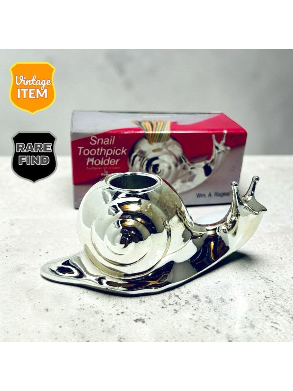 Vintage William Rogers Silver Plated Snail Toothpick Holder w/Original Box RARE!